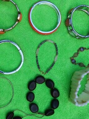 Lot Of 9 Bracelets, Silver, Brass, Shell, Amethyst, Enamel